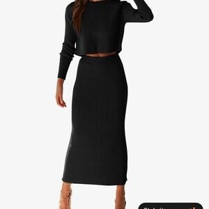 Elegant Black Ribbed Skirt Set